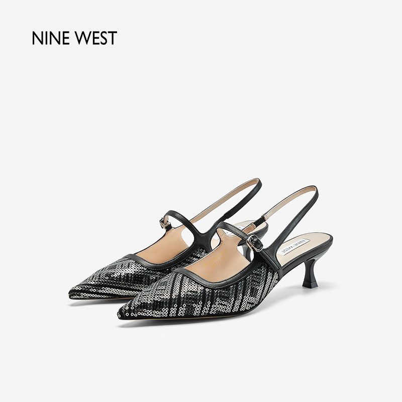 Nine West/玖熙名媛风亮片细高跟时装凉鞋女包头尖头黑色后