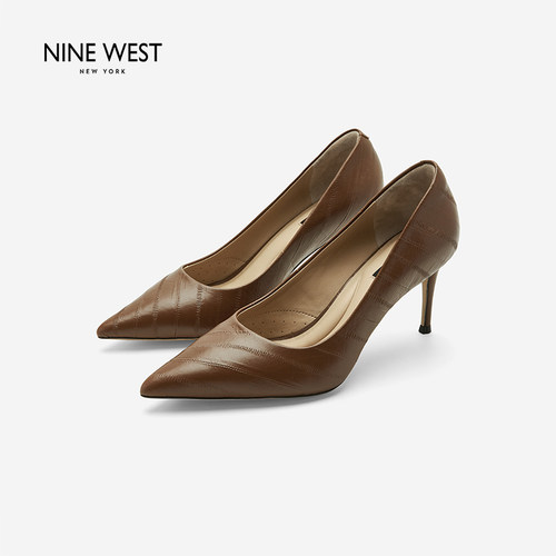 Nine West/玖熙真皮鳄鱼纹胎尖头细跟高跟鞋女通勤浅口单鞋一脚蹬