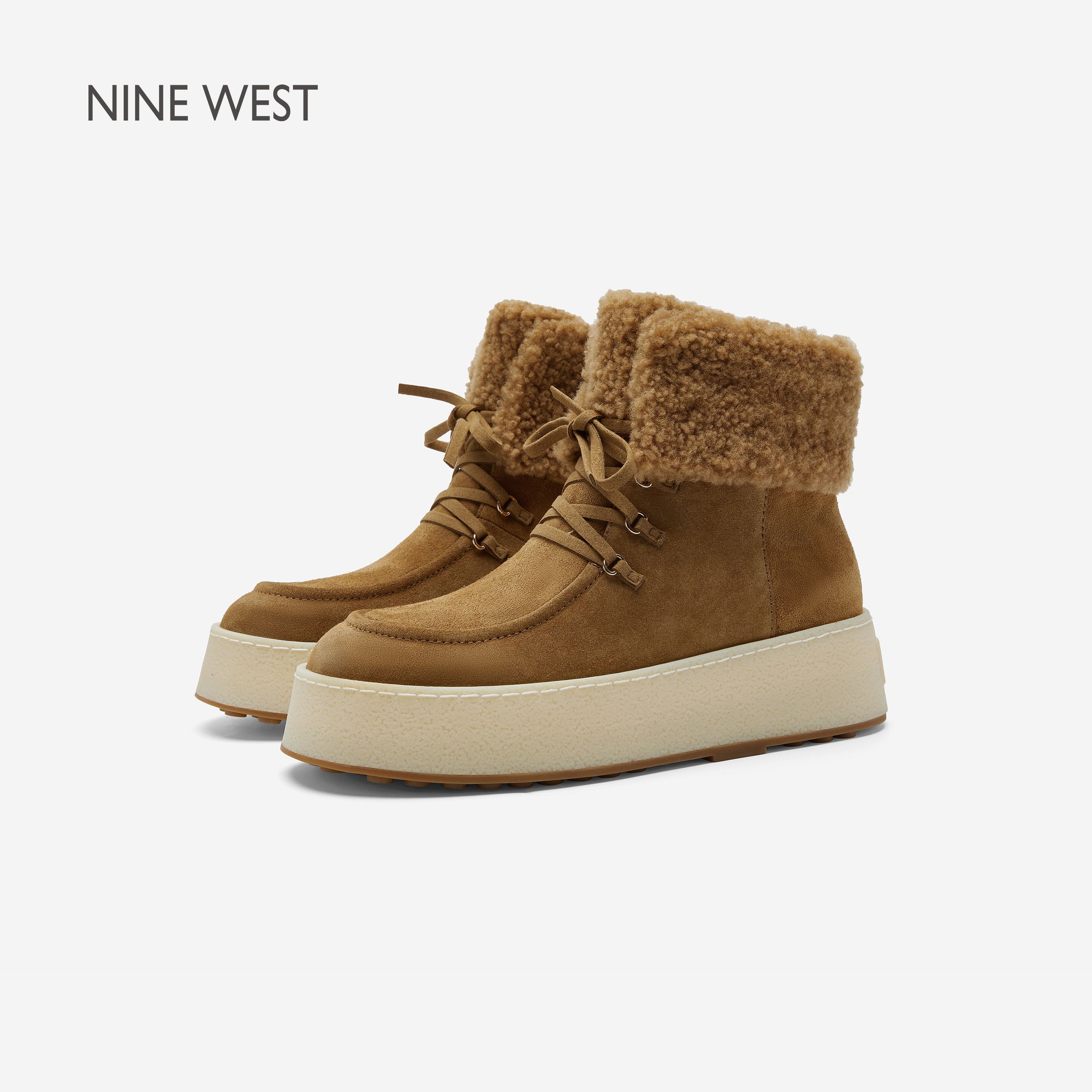 Nine West/玖熙厚底加绒袋鼠雪地短靴女翻领侧拉链职场防滑保暖靴