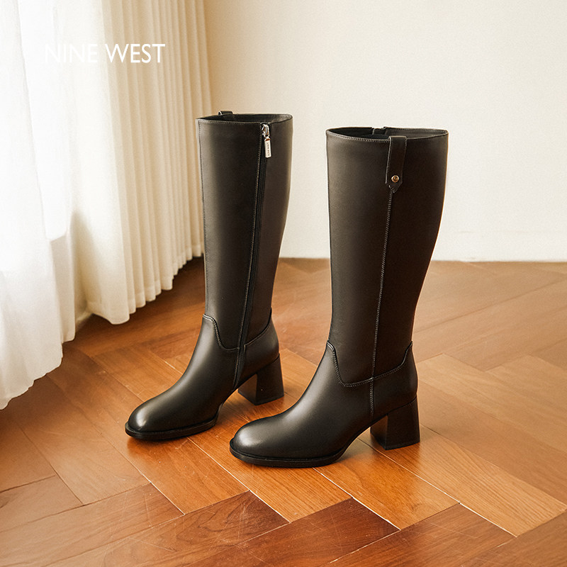 Nine West/玖熙气质粗跟高筒靴女士黑色侧边拉链职场百搭长筒靴子