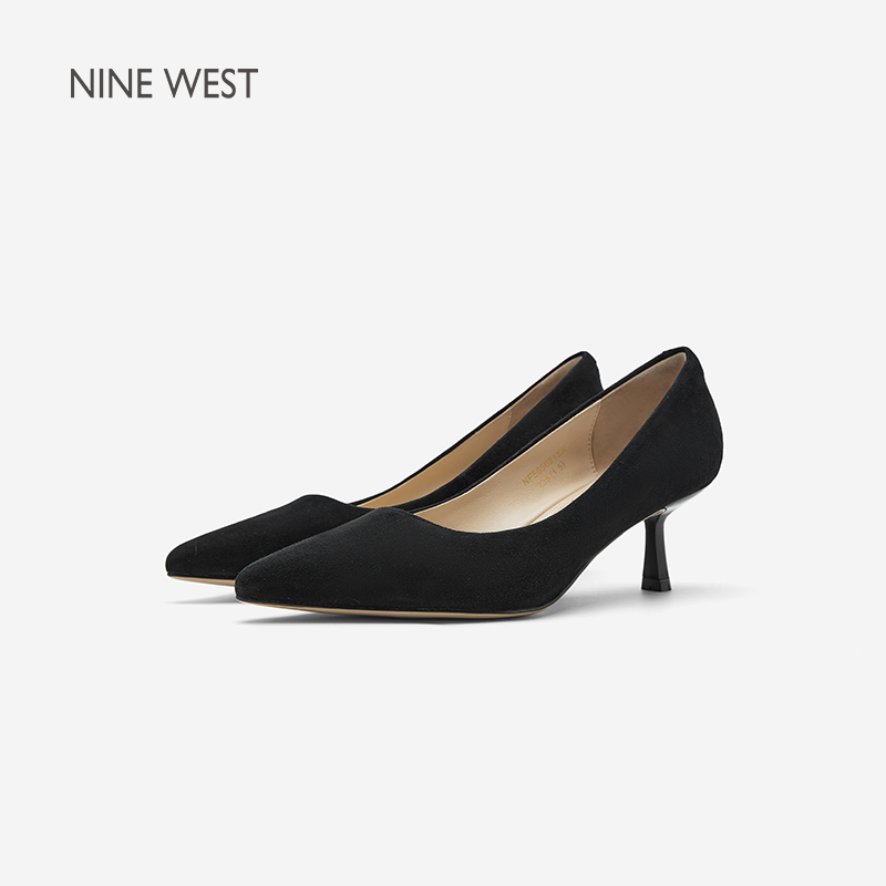 Nine West/玖熙黑色高跟鞋女2025秋冬新款羊反绒尖头细跟通勤单鞋