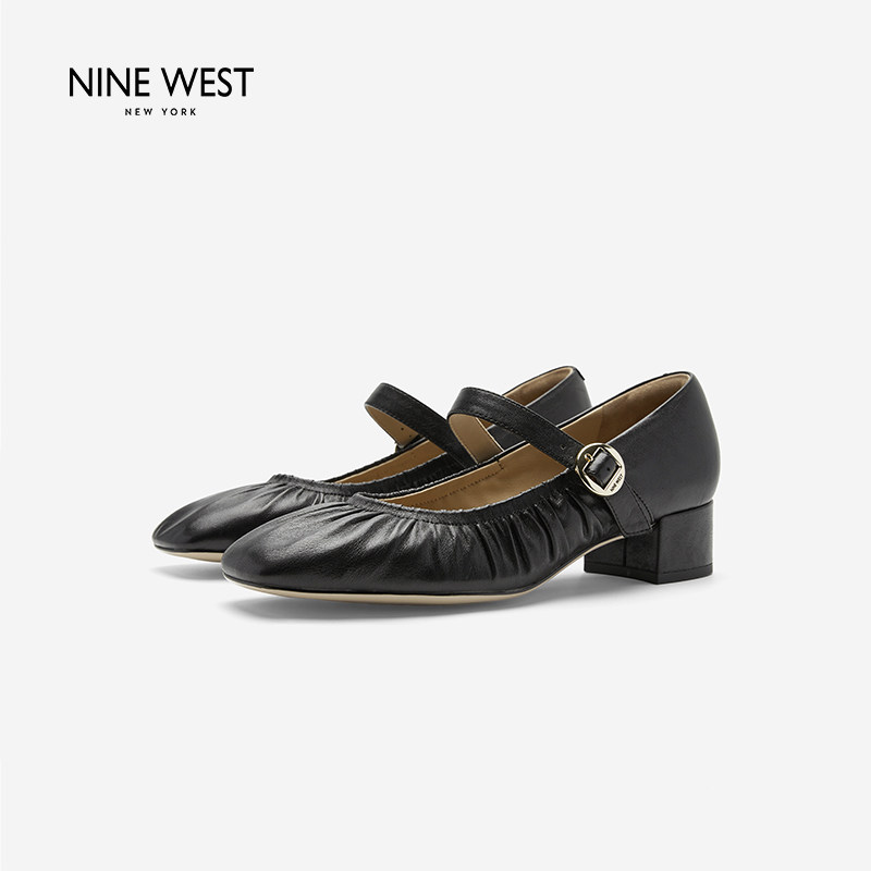 Nine West/玖熙真皮褶皱复古玛丽珍鞋女粗跟低跟方头浅口通勤单鞋