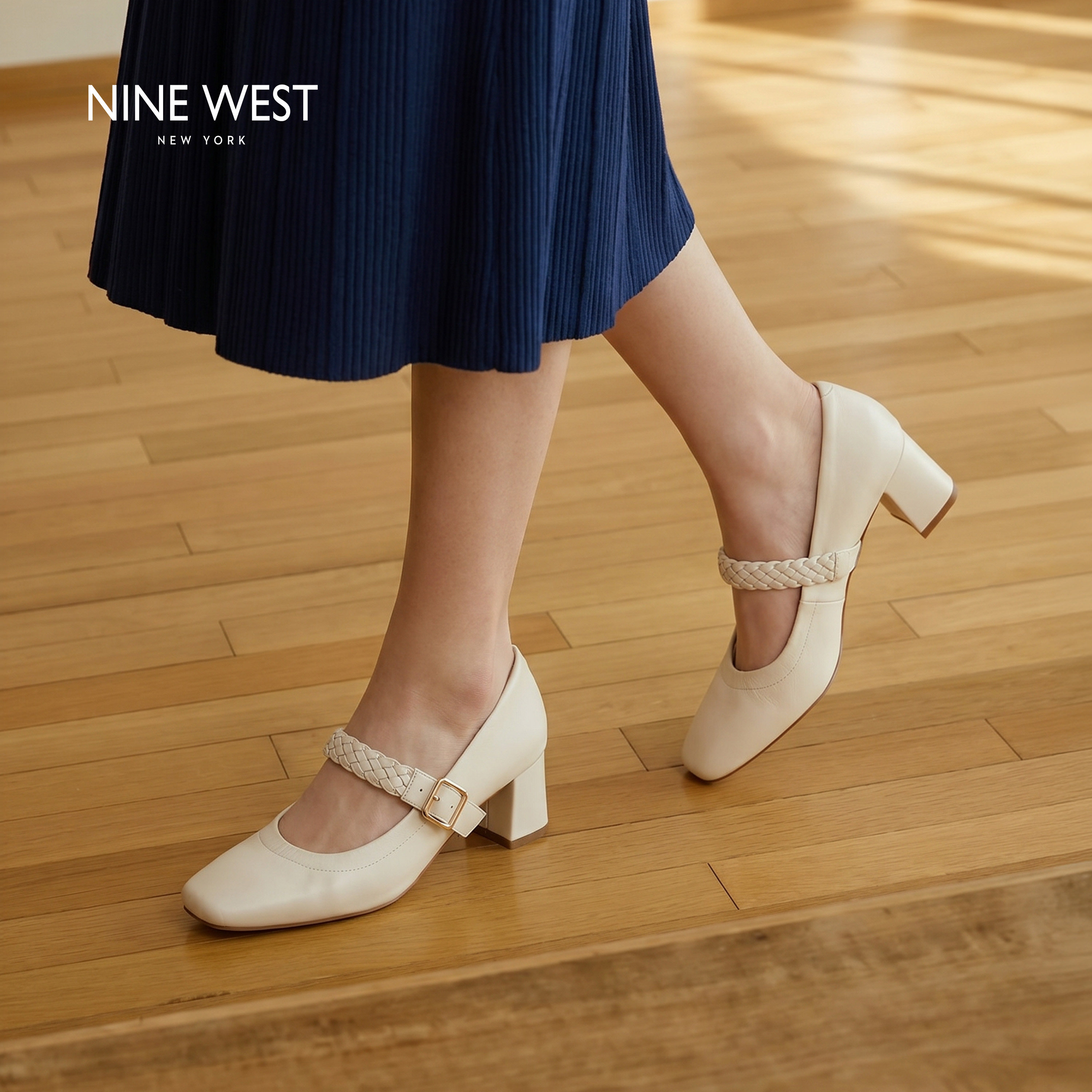 Nine West/玖熙方头编织带纯色玛丽珍鞋女款粗跟轻便百搭通勤女鞋