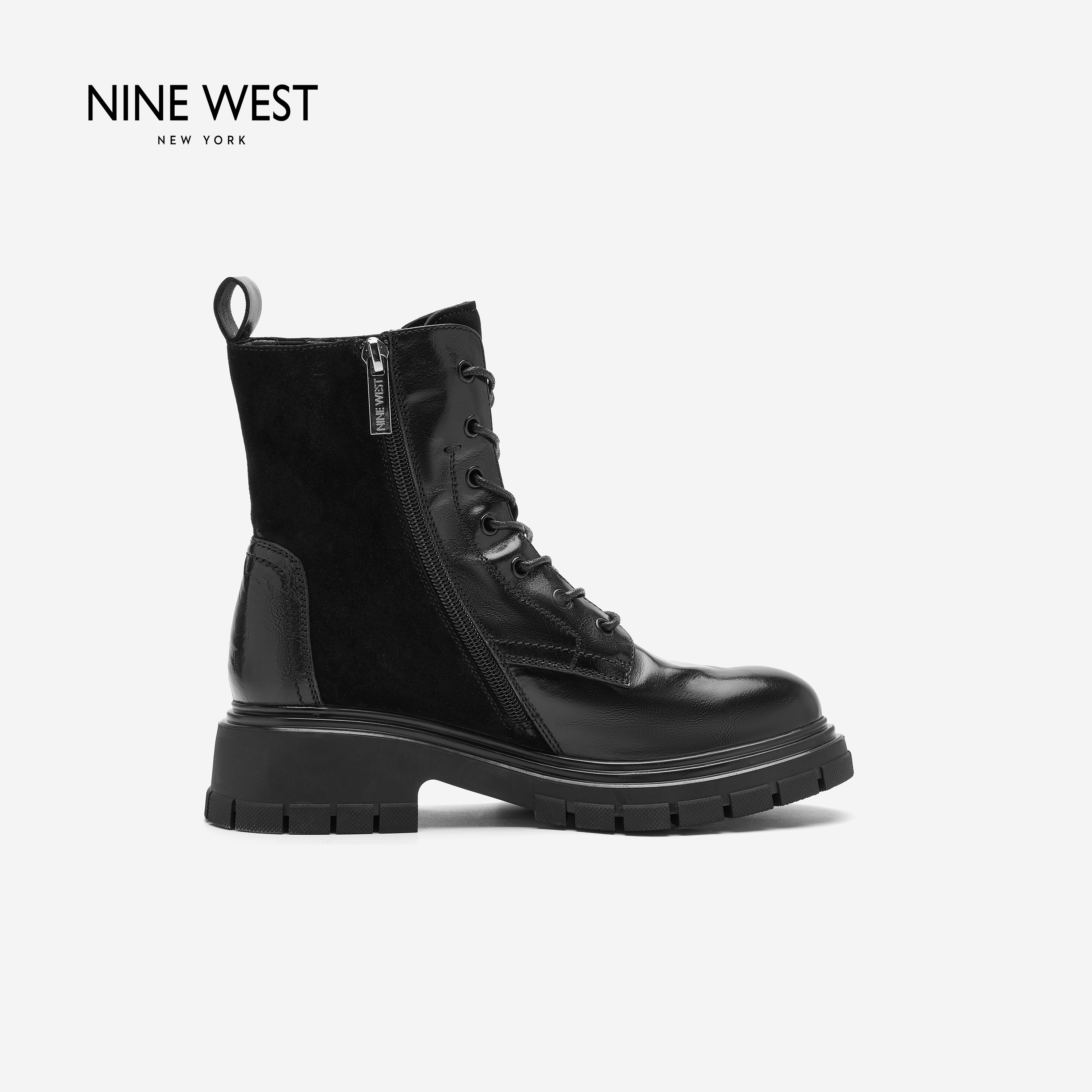 Nine West/玖熙英伦风系带马丁靴女新款秋冬厚底增高通勤真皮短靴