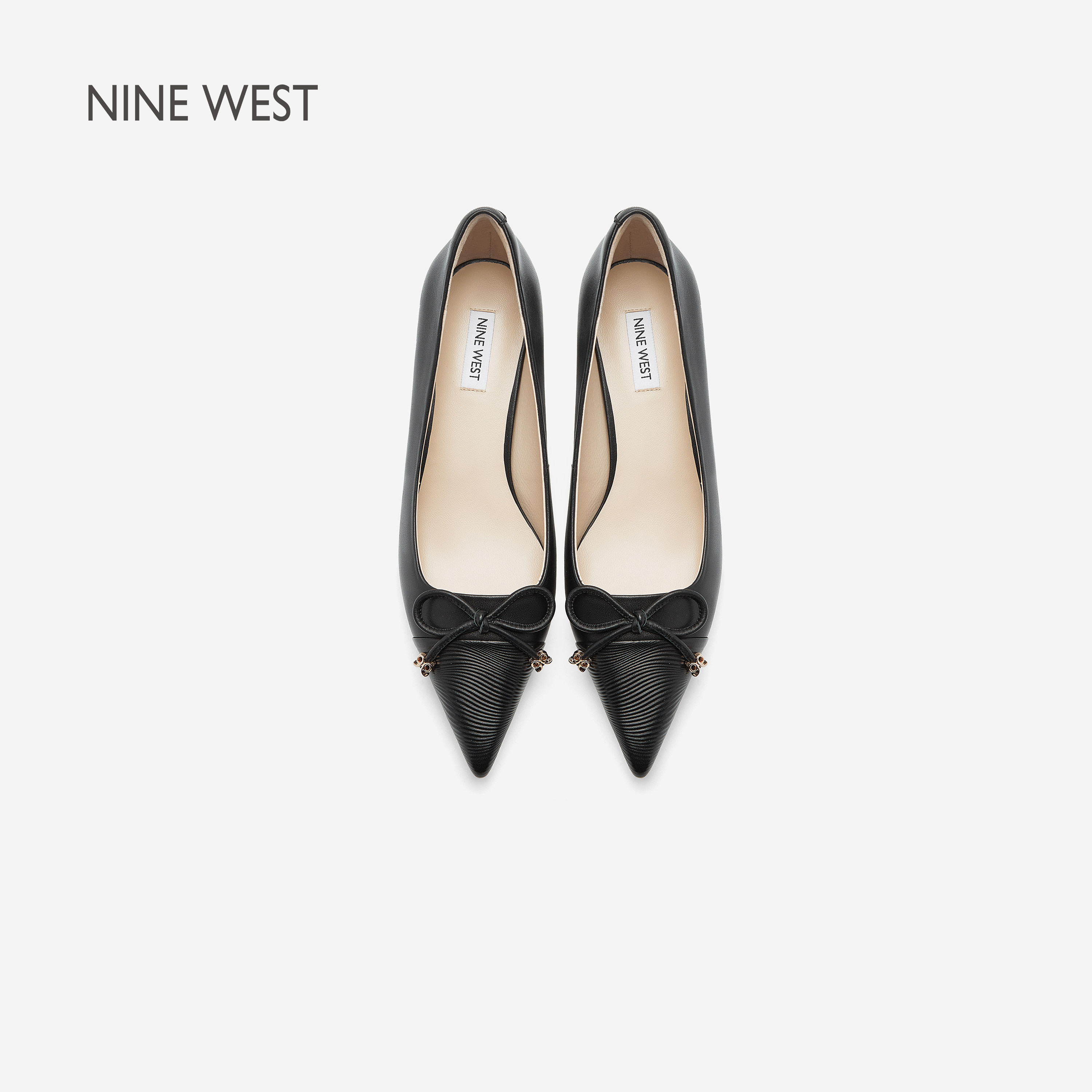 Nine West/玖熙轻熟风蝴蝶结尖头浅口单鞋女中跟猫跟鞋黑色通勤鞋