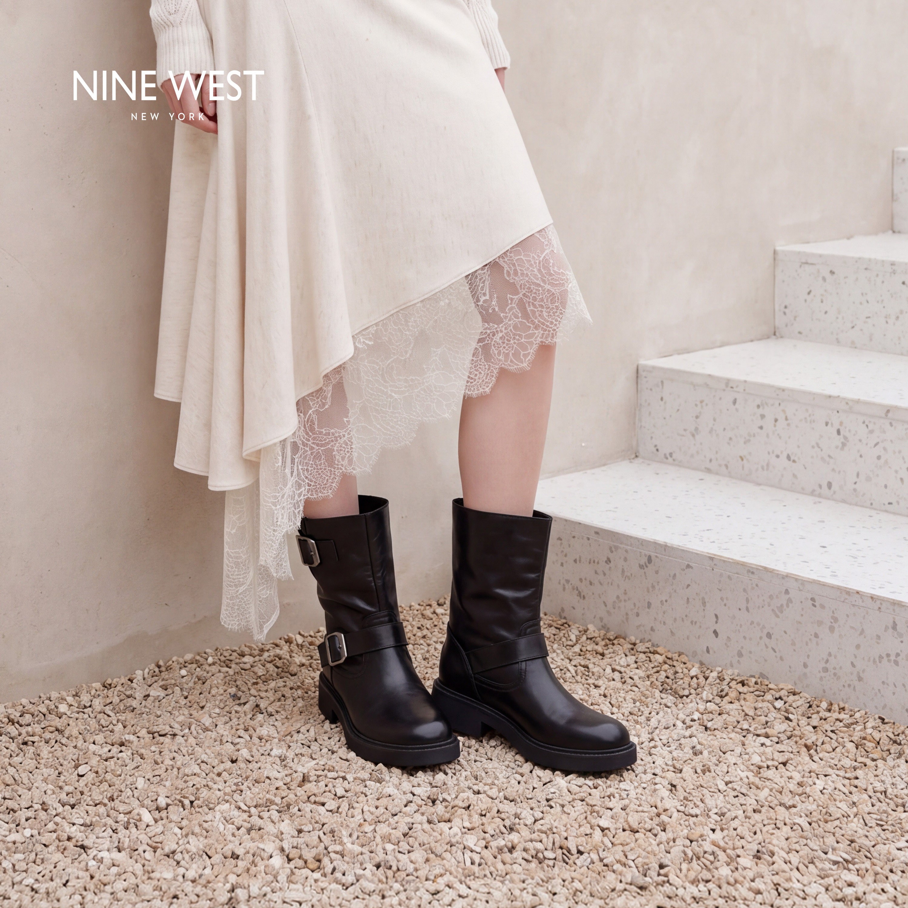 Nine West/玖熙西部靴女中古vintage酷飒厚底短靴美式工装时装靴