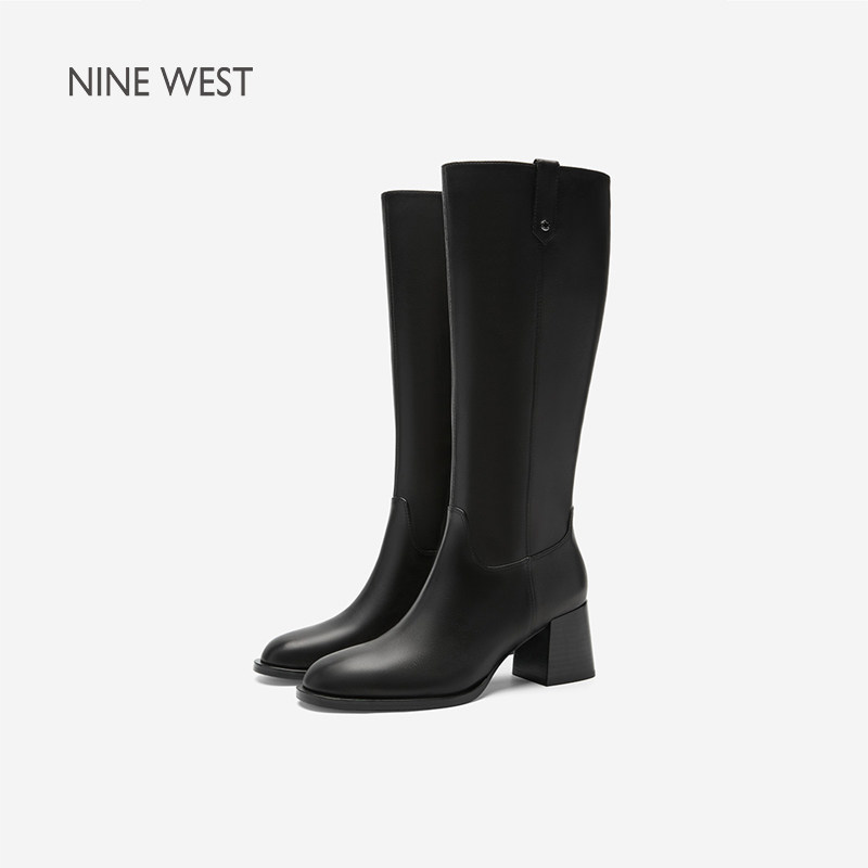 Nine West/玖熙方头粗跟长靴女黑色高筒骑士靴秋冬百搭靴子时装靴