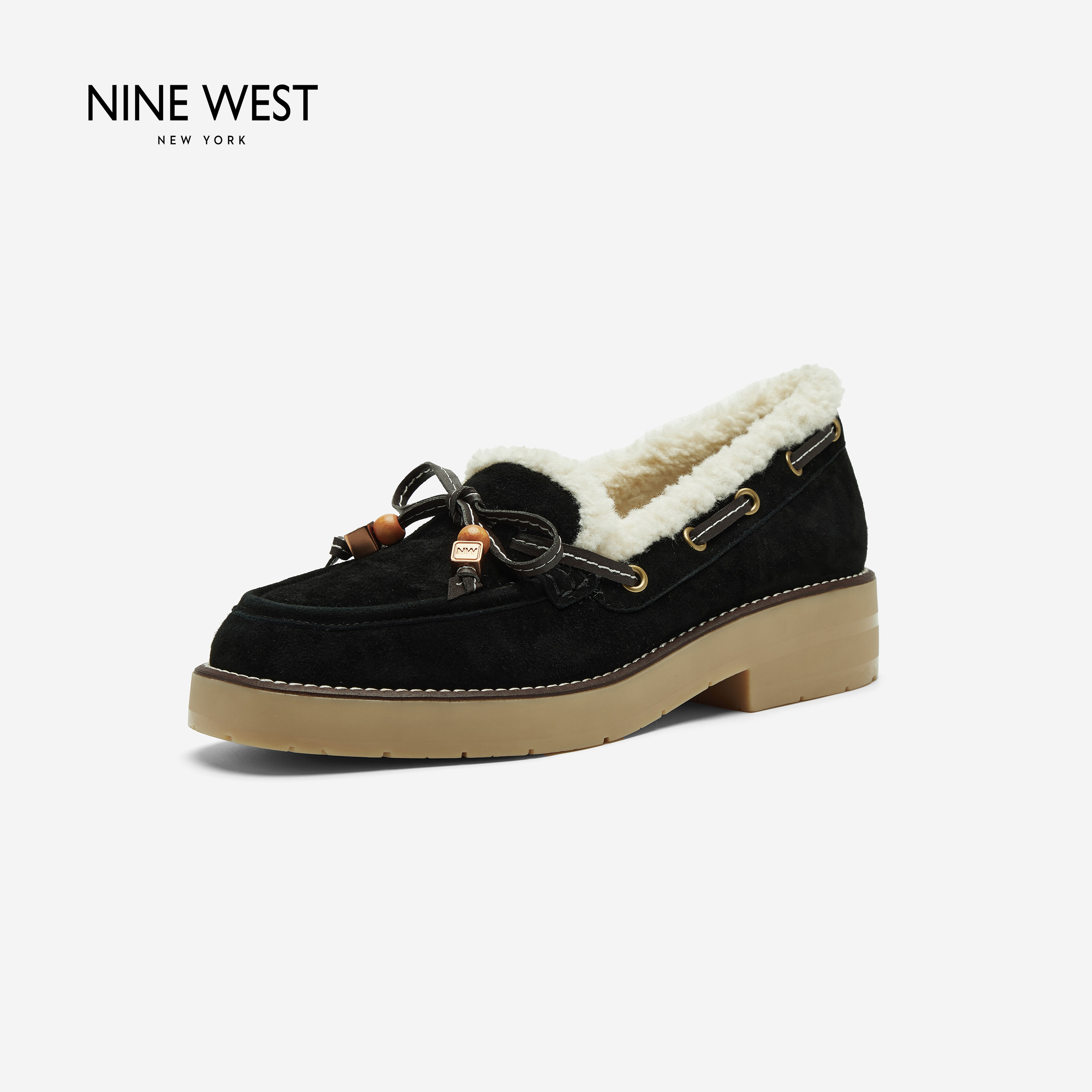 Nine West/玖熙复古休闲毛毛鞋女加绒乐福鞋保暖流苏豆豆鞋黑色