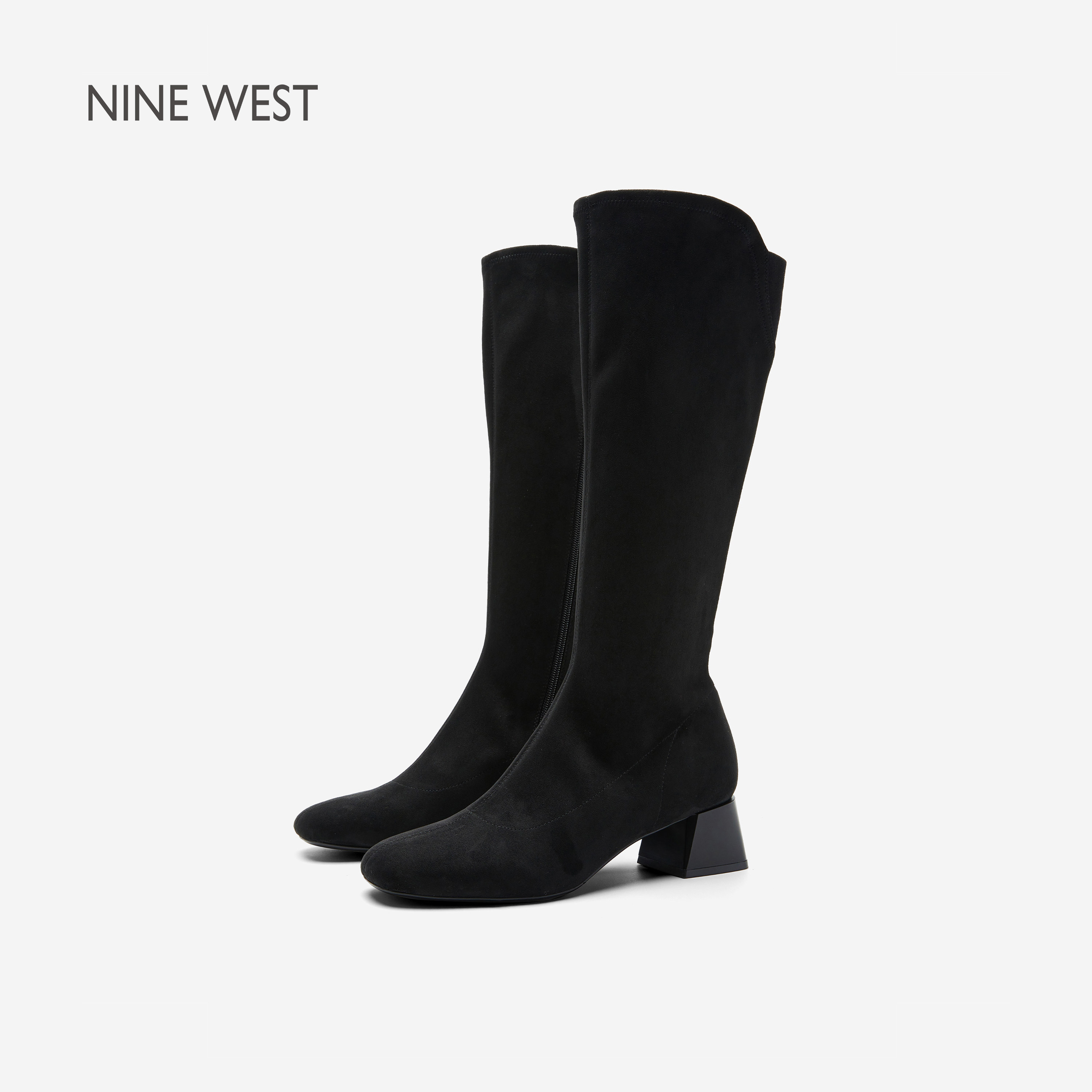 Nine West/玖熙粗跟V口骑士靴女侧拉链户外防滑日常百搭不过膝靴