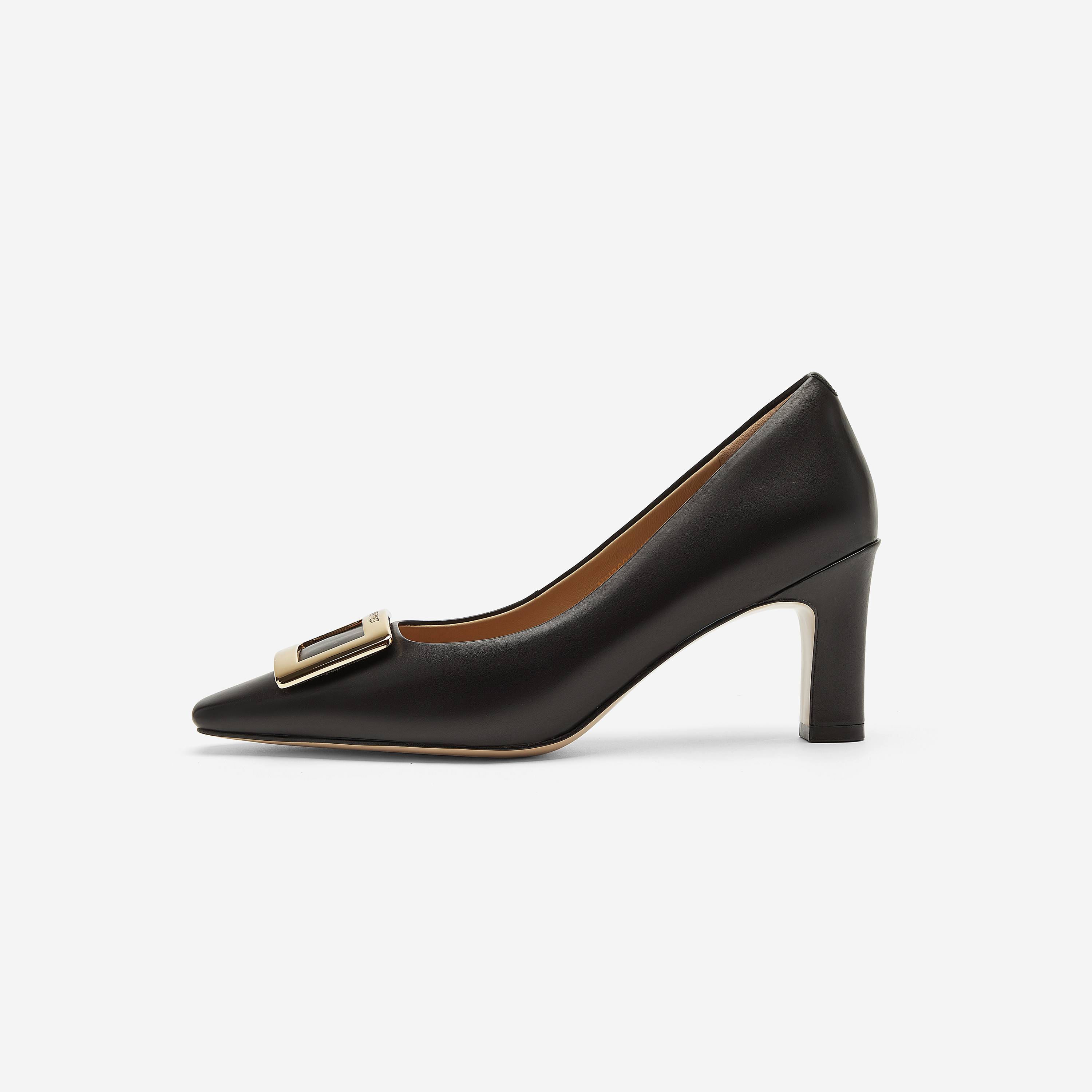 Nine West/玖熙金属方扣粗跟浅口单鞋女哑光全皮职场通勤方头中跟