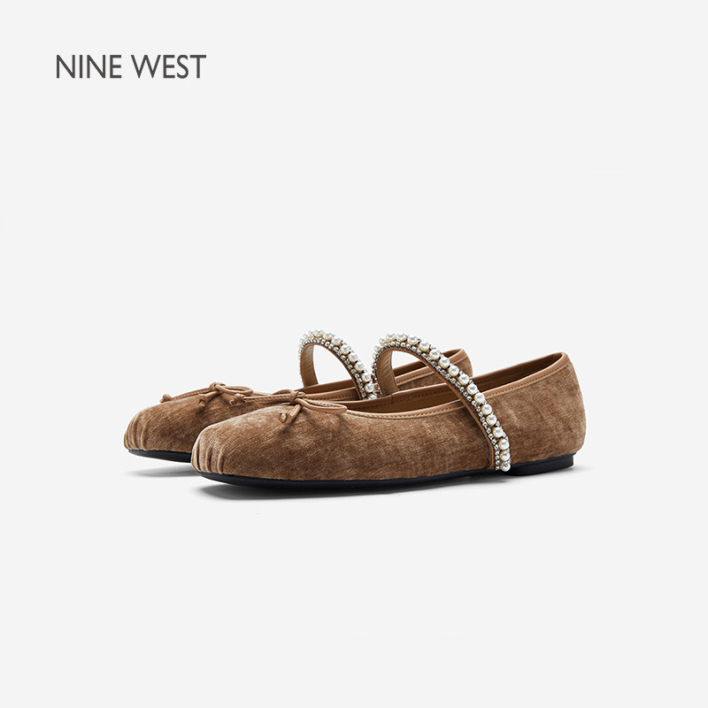 Nine West/玖熙丝绒珍珠玛丽珍鞋女法式复古灰色芭蕾舞鞋平底单鞋