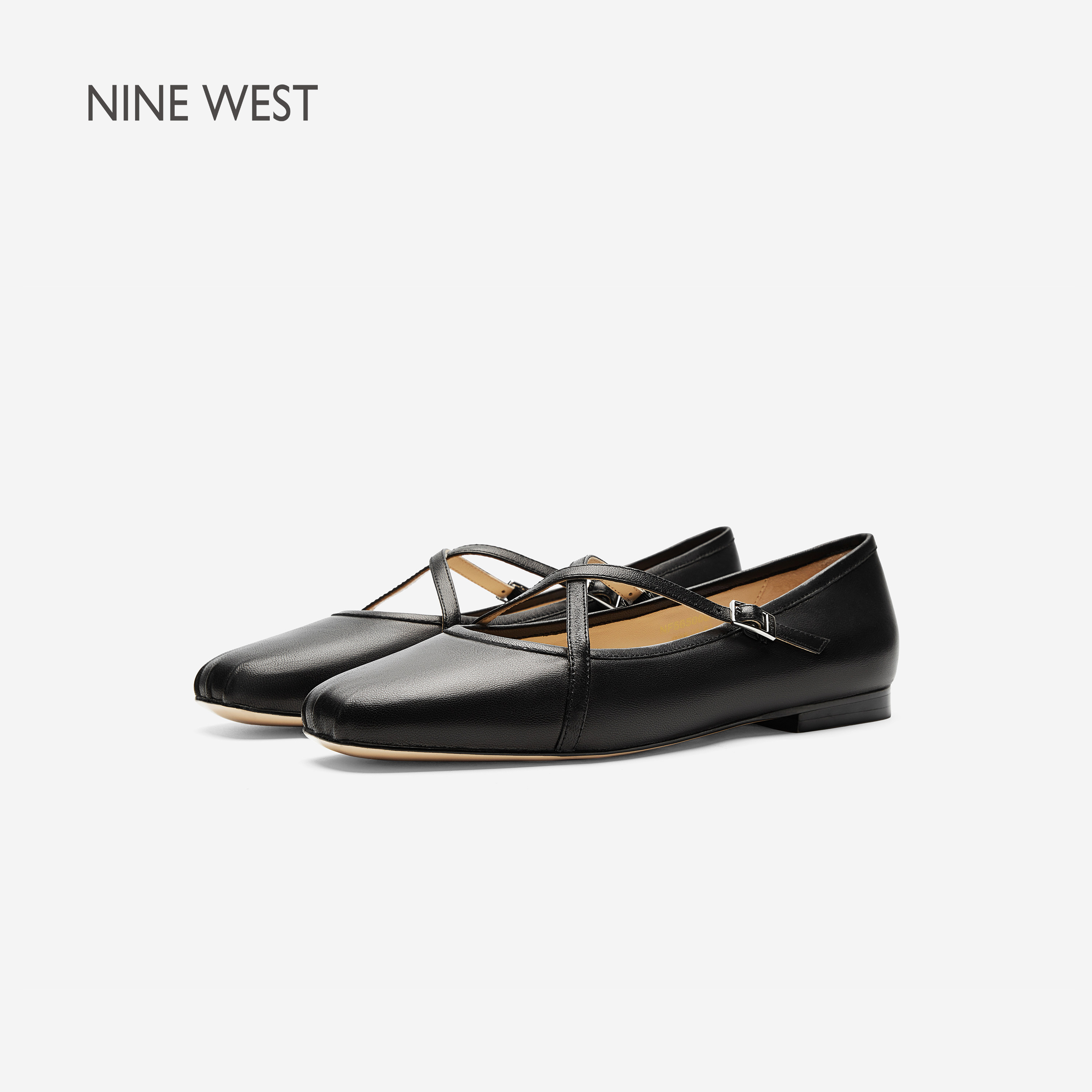 Nine West/玖熙交叉带玛丽珍鞋女黑色平底芭蕾舞鞋方头单鞋