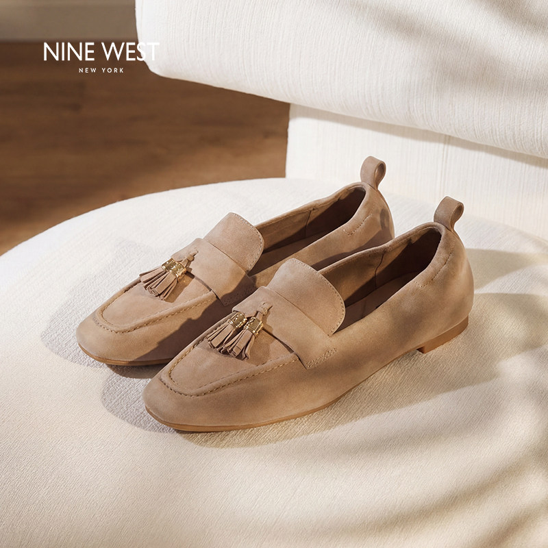 Nine West/玖熙英伦复古流苏乐福鞋女百搭反绒豆豆鞋通勤女款单鞋