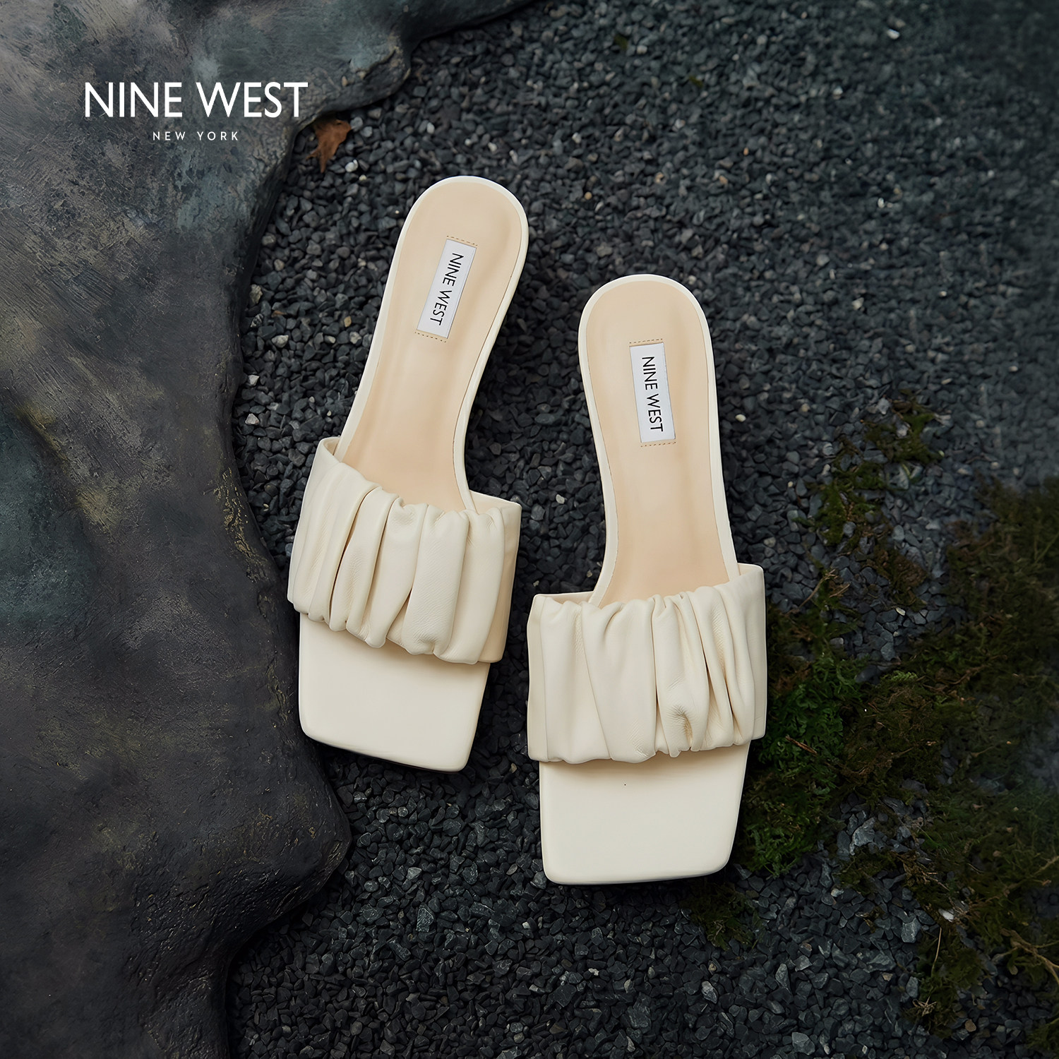 Nine West/玖熙仙女风褶皱一字拖女夏季外穿沙滩拖鞋小猫跟凉拖女图片