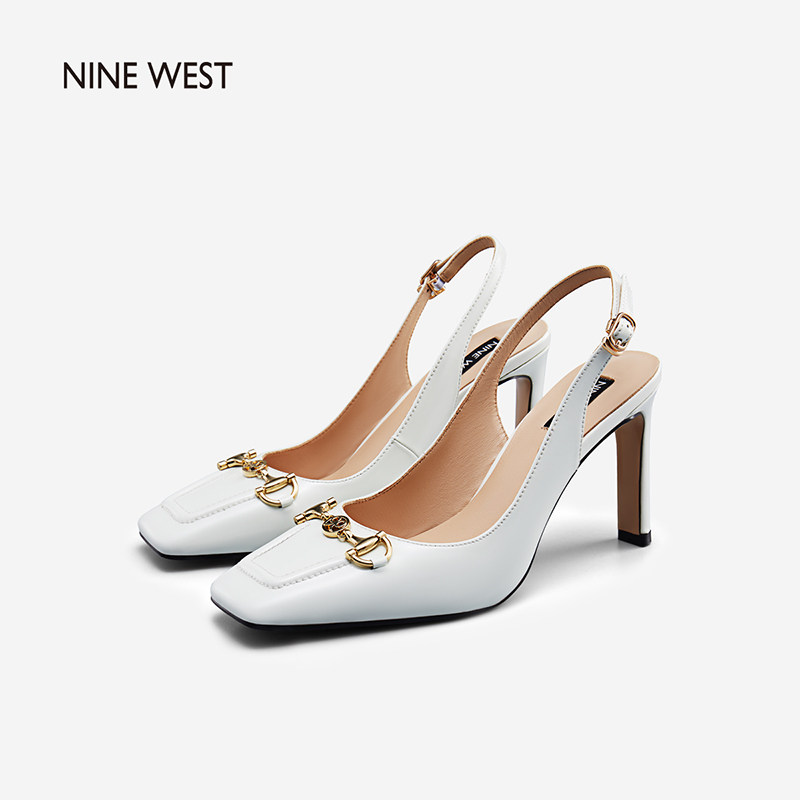 Nine West 玖熙21年夏季新款方头单鞋异形粗高跟复古包头凉鞋女 搜又搜
