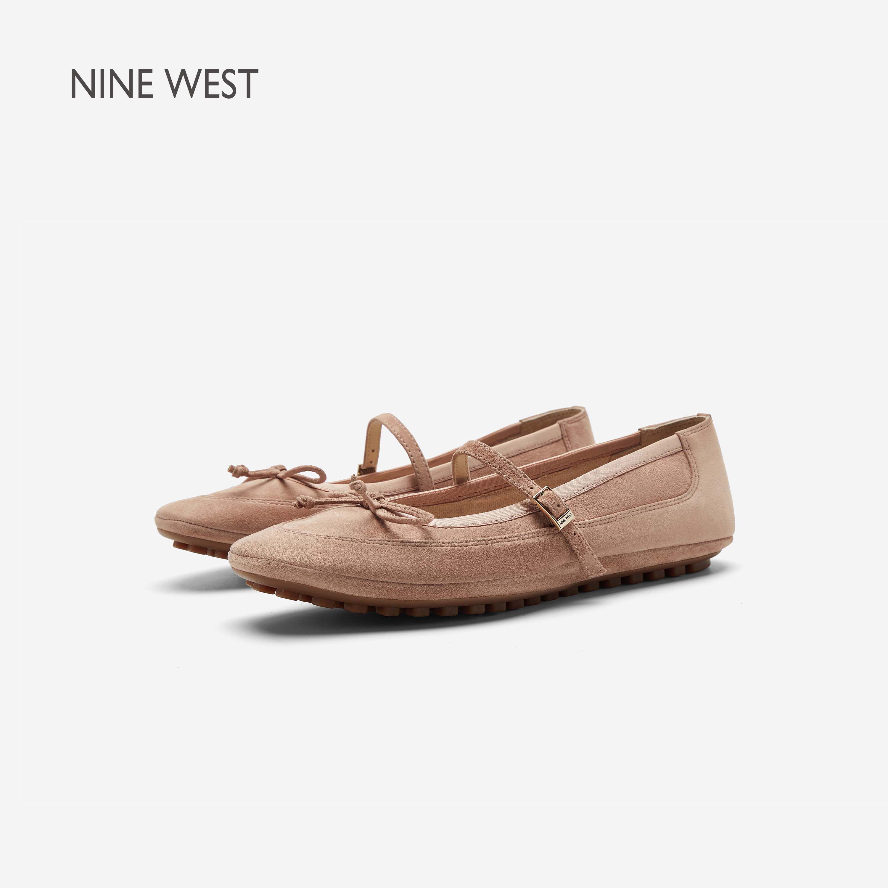Nine West/玖熙芭蕾蝶韵法式复古玛丽珍鞋女羊反绒平底蝴蝶结单鞋