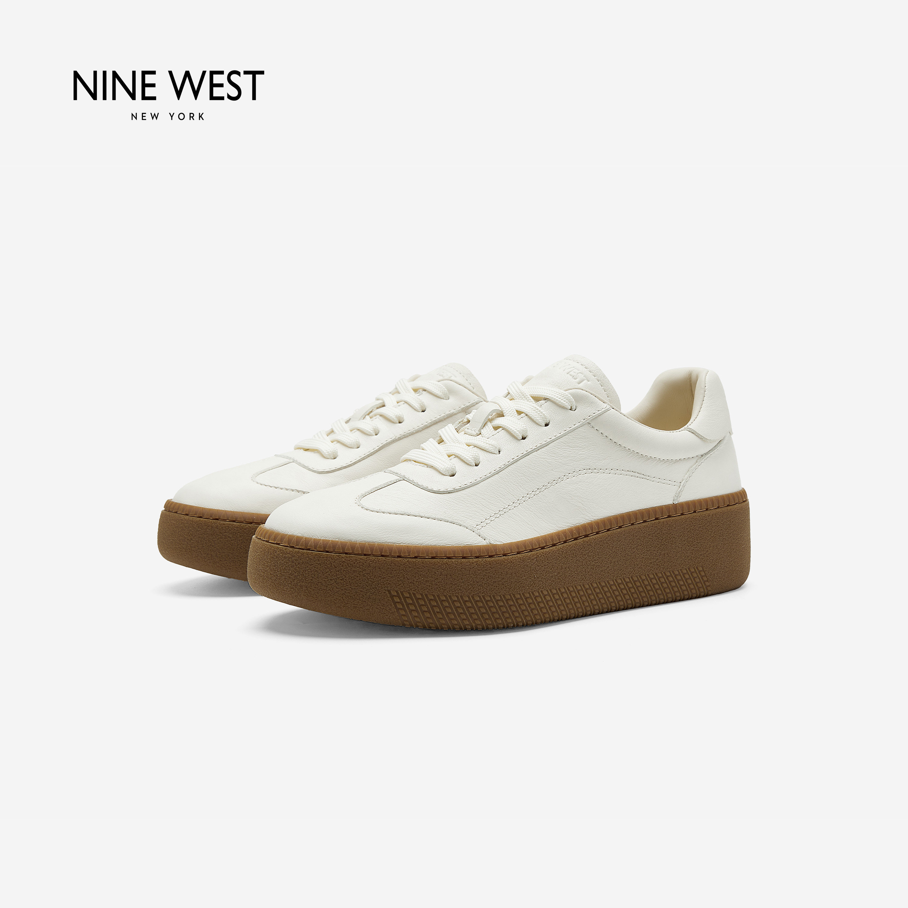 Nine West/玖熙极简厚底真皮小白鞋女2026新款休闲板鞋增高德训鞋