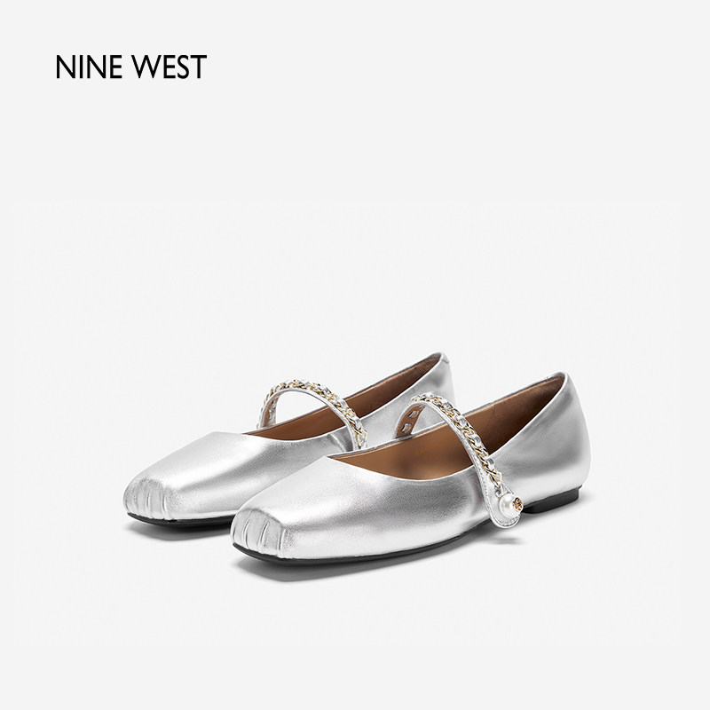 Nine West/玖熙银色芭蕾舞平底女鞋女士玛丽珍鞋轻便法式浅口鞋女