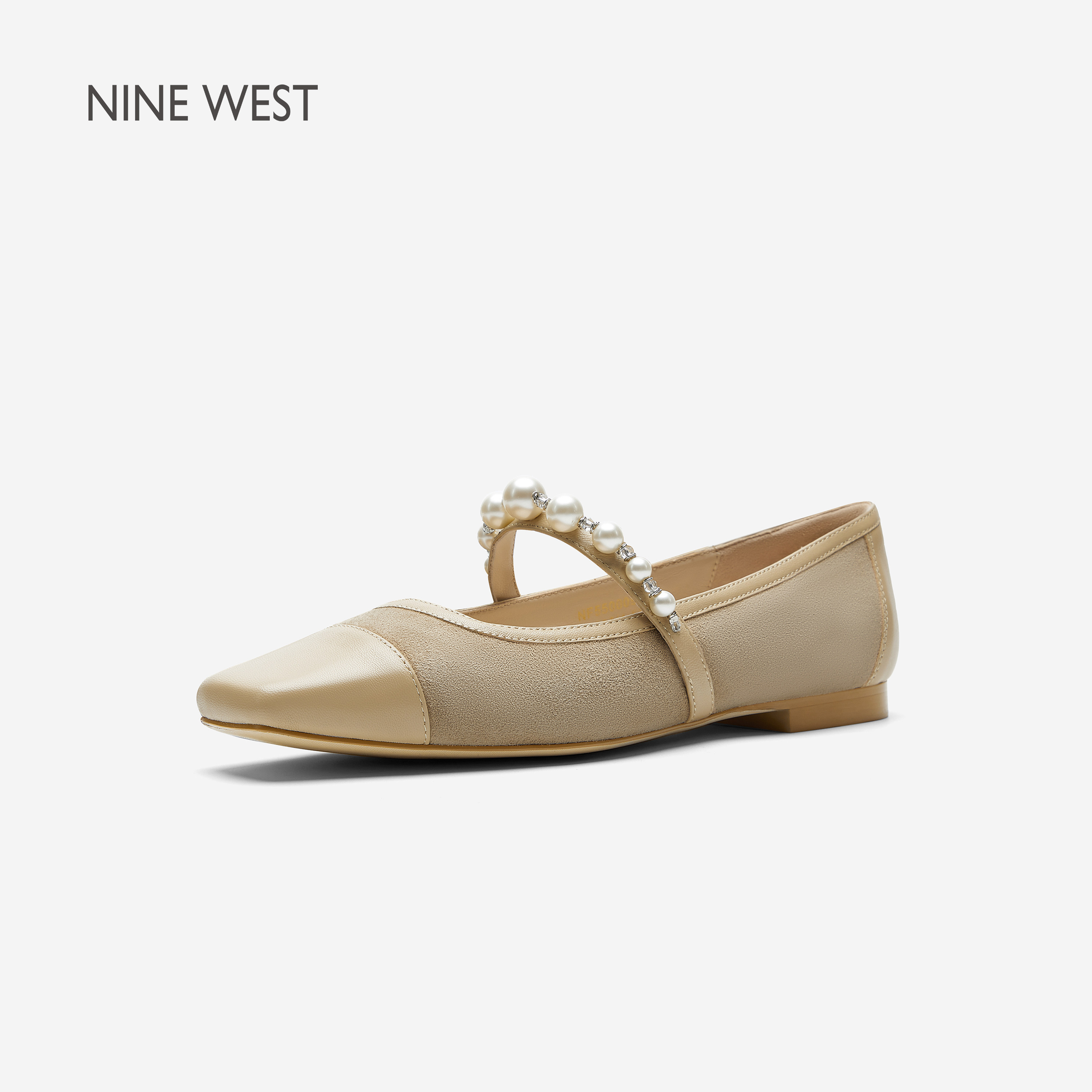 Nine West/玖熙珍珠方头玛丽珍鞋女浅口低跟一字带平底单鞋通勤鞋