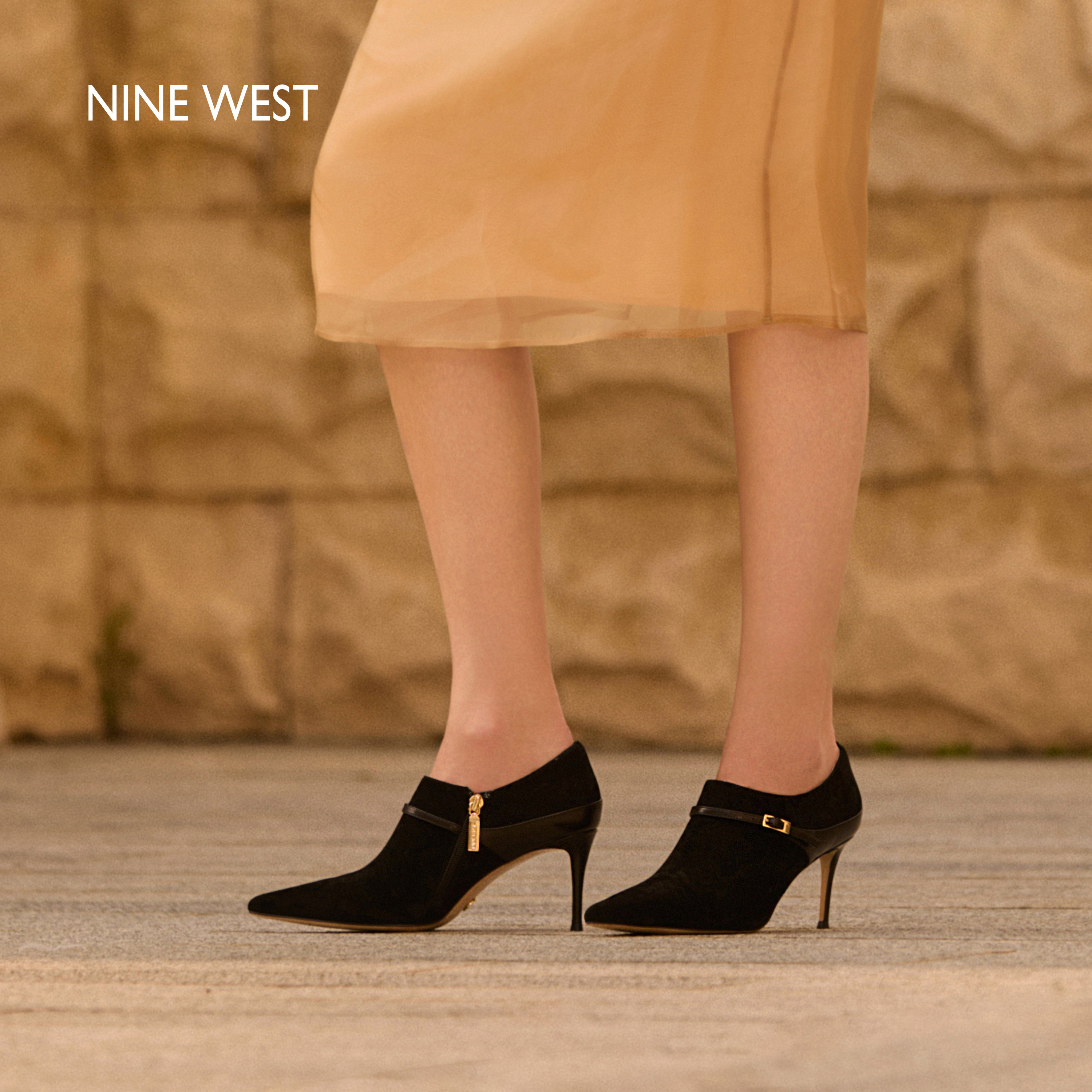 Nine West/玖熙尖头时装靴女秋冬新款高跟及踝靴时尚反绒短