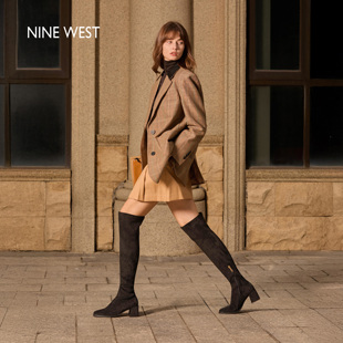 Nine West/玖熙黑色过膝长靴女秋冬粗跟高筒显瘦瘦瘦靴弹力时装靴