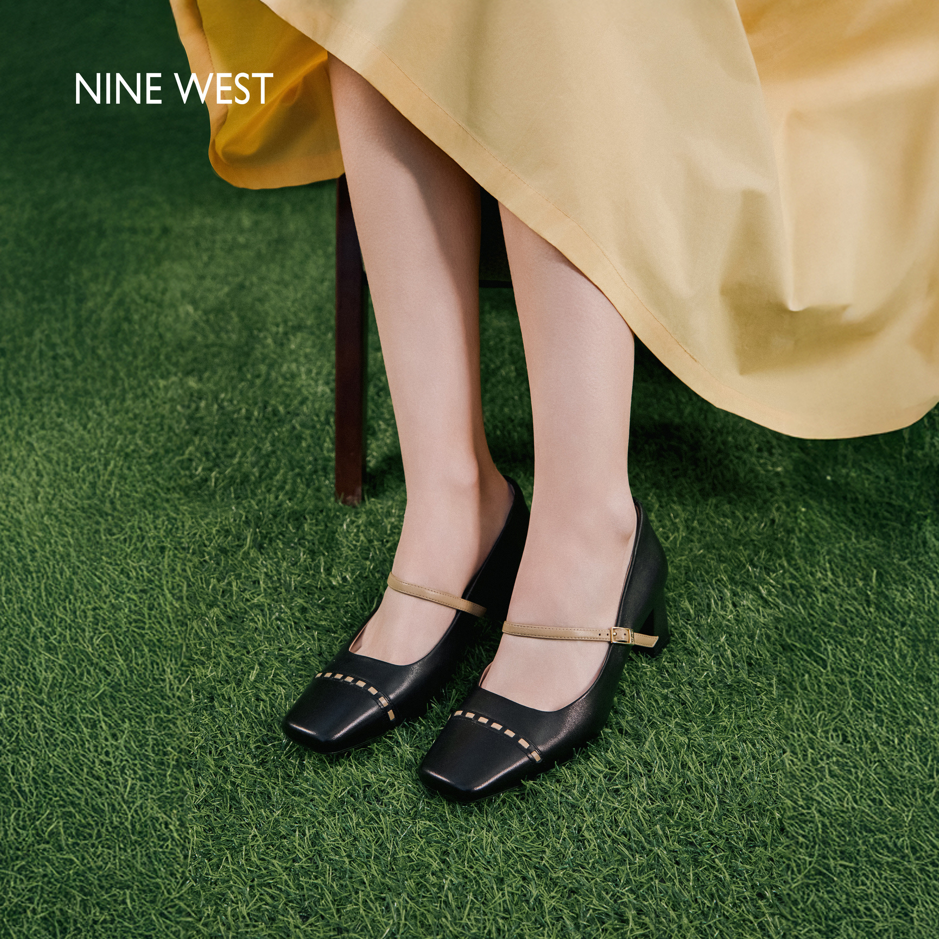 Nine West/玖熙鎏金方糖玛丽珍鞋女2026春高跟鞋方头粗跟一字扣带