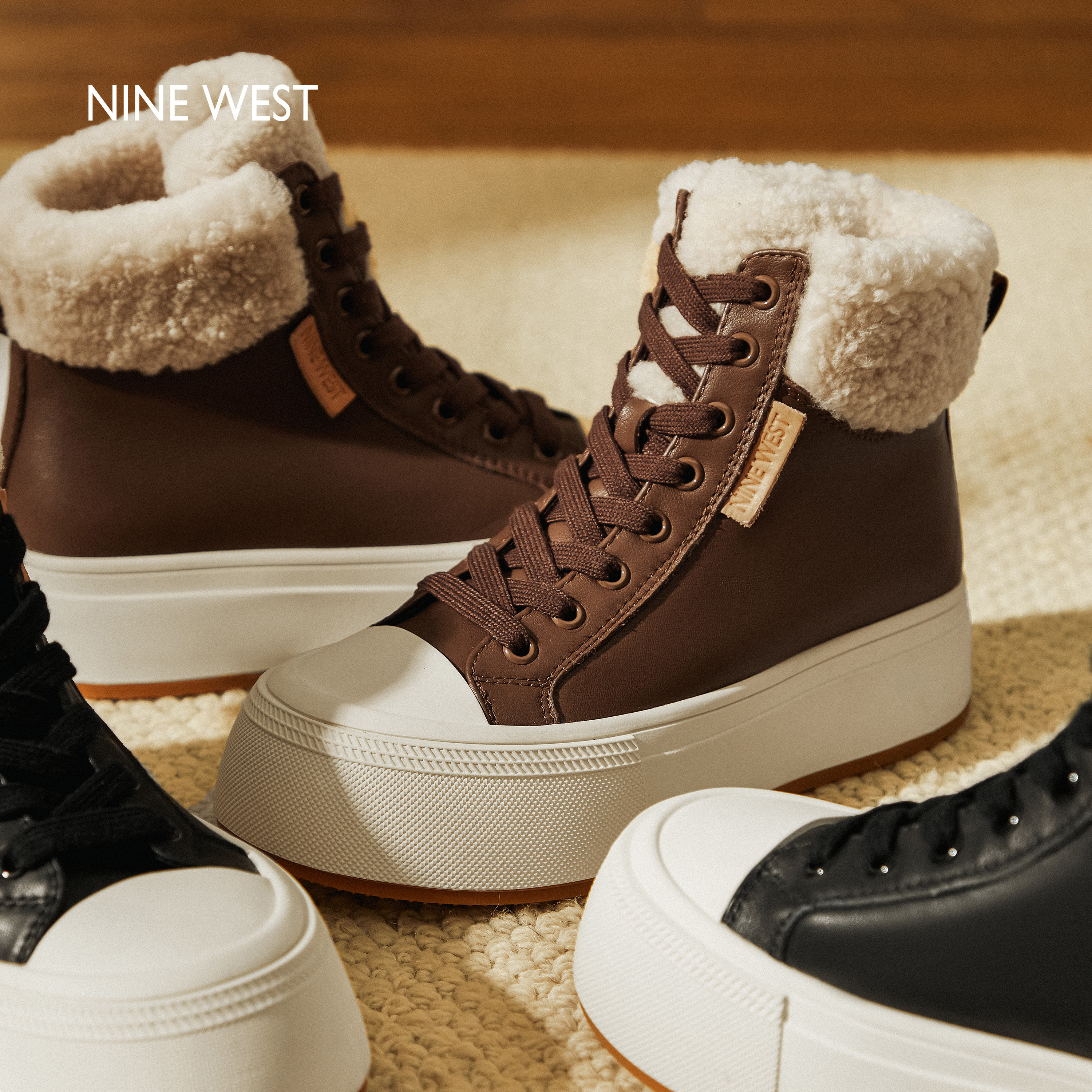 Nine West/玖熙厚底高帮鞋女冬季加绒保暖鞋棉鞋子休闲雪地靴