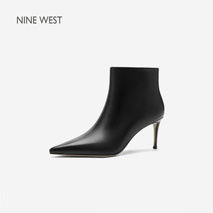 Nine West/玖熙尖头细跟短靴光面软皮通勤高跟踝靴显瘦气质女靴