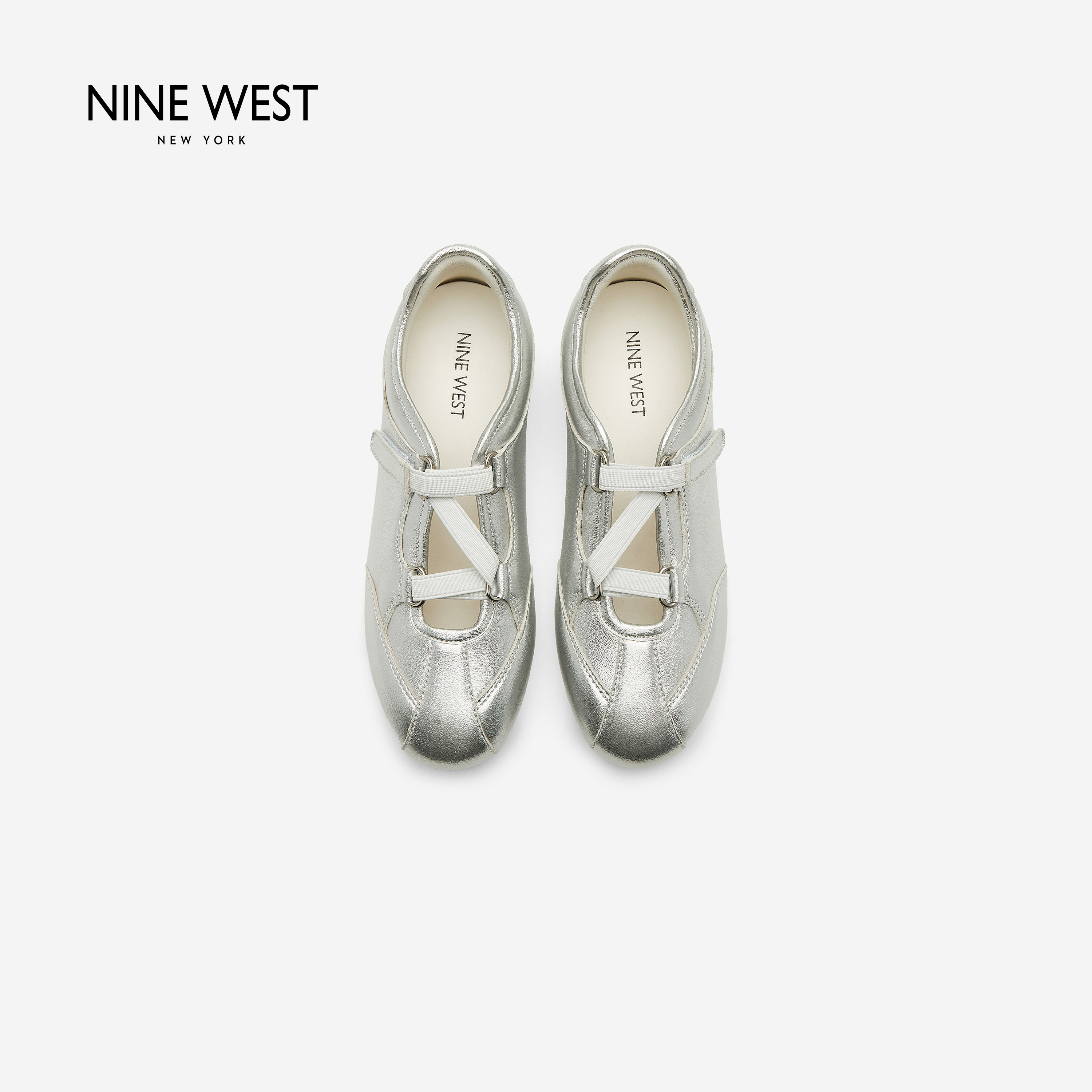 Nine West/玖熙极简银色芭蕾德训鞋女薄底复古平底真皮通勤休闲鞋