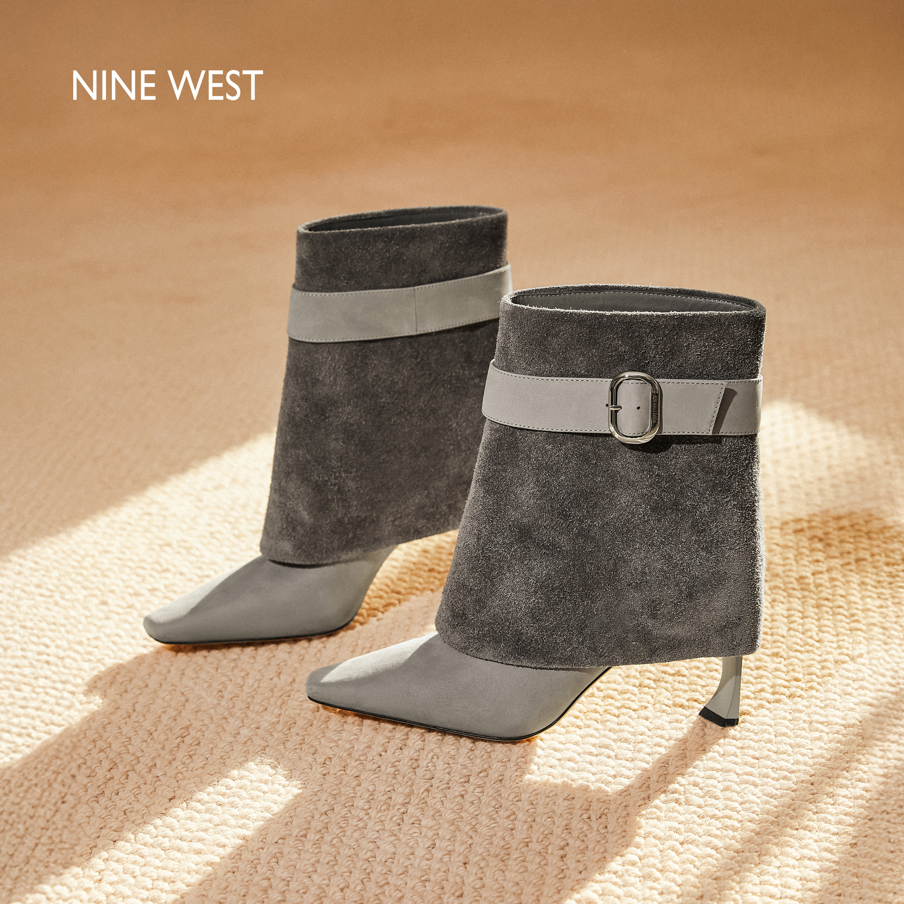 【商场同款】Nine West/玖熙绒面拼接裤管靴女尖头高跟短靴时装靴