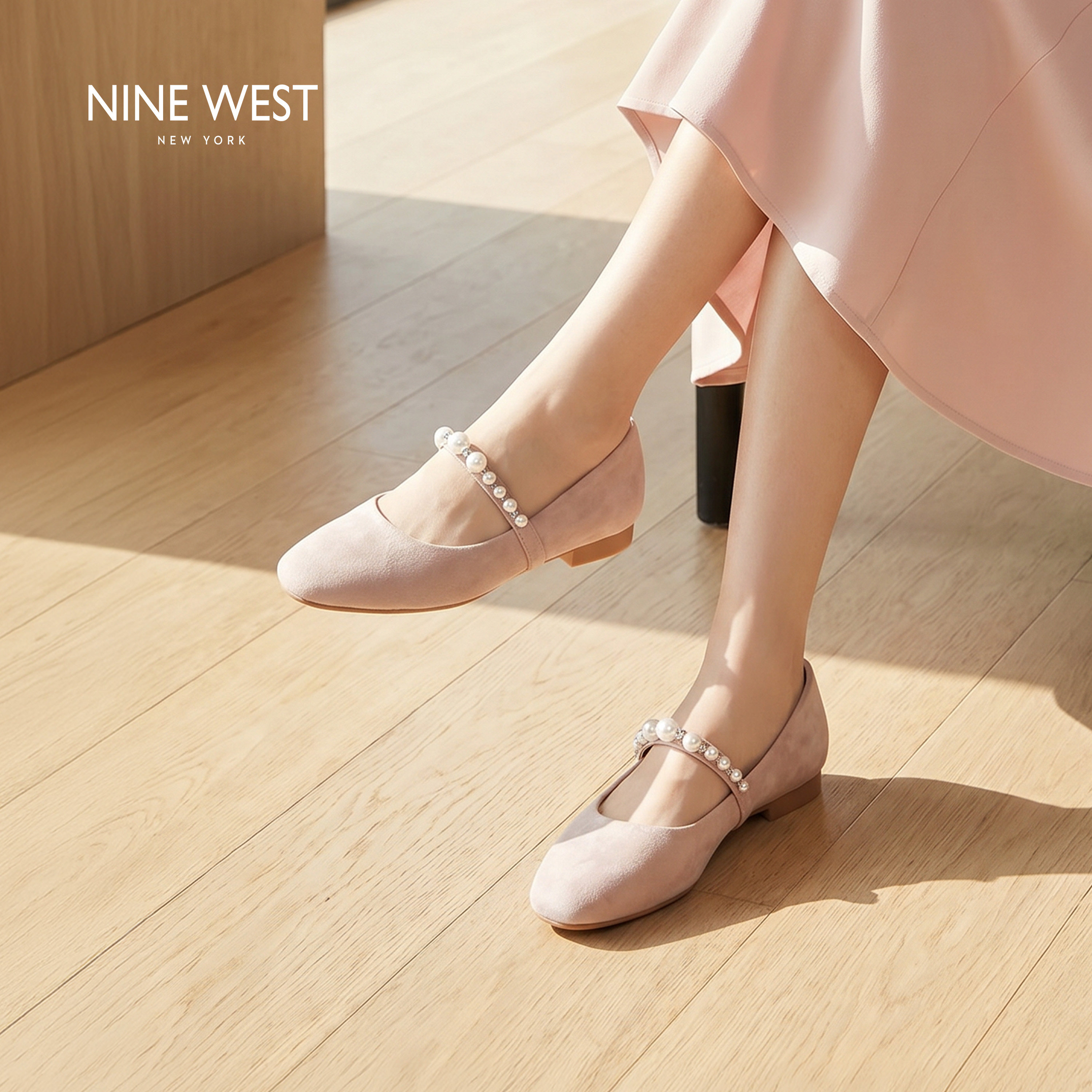 Nine West/玖熙甜美珍珠带平底玛丽珍鞋女士新款舒适通勤女款单鞋