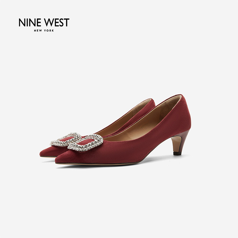 Nine West/玖熙通勤风女款水钻方扣浅口单鞋女中跟百搭绒面尖头鞋