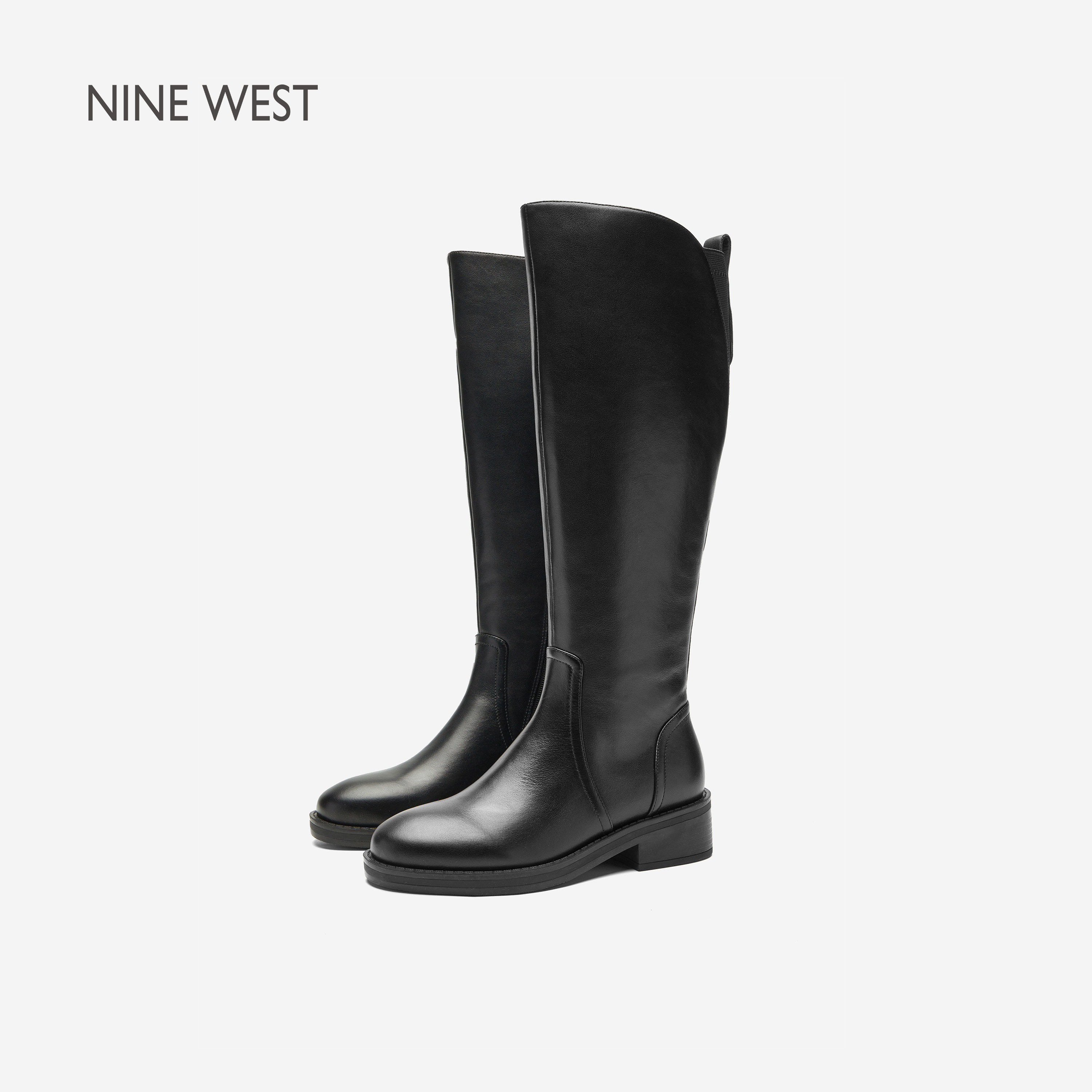 Nine West/玖熙秋冬加绒圆头骑士长靴女侧拉链防滑百搭通勤直筒靴
