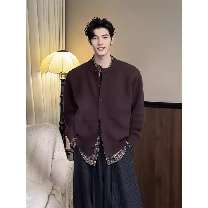 咖色格子拼接假两件毛衣男秋冬慵懒老钱风外套衬衫内搭叠穿针织衫