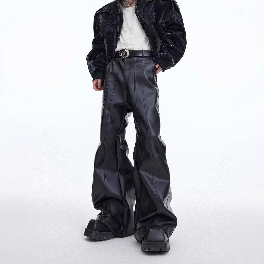 韩版时髦设计感中高腰显瘦阔腿微喇叭休闲皮裤男女百搭潮流长裤子,男装,皮裤,淘宝优惠券,粉丝福利购,淘宝优惠卷