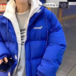 克莱因蓝假两件连帽外套男冬季加绒加厚面包服宽松百搭情侣羽绒服