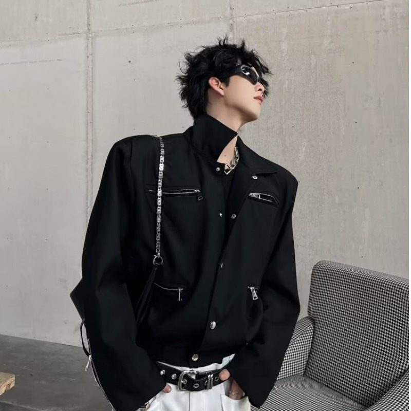 跨境2023春季暗黑系短款夹克男小众金属拉链设计感痞帅垫肩外套潮,男装,夹克,淘宝优惠券,粉丝福利购,淘宝优惠卷