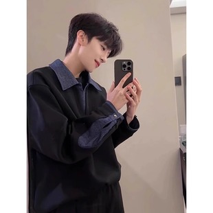 假两件翻领卫衣男春秋季chic韩系上衣美式cleanfit拼接设计感外套