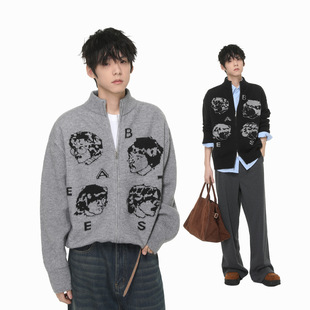 MTLCLOTHES男装|美式时髦高级人像复古提花立领拉链针织开衫百搭