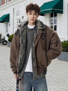 V37美式哥特风十字架座山雕棉衣男冬季重磅贴皮刺绣加厚保暖棉衣