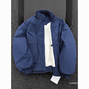 藏蓝色飞行夹克外套男款秋冬季加厚美式短款廓形立领工装棒球棉服