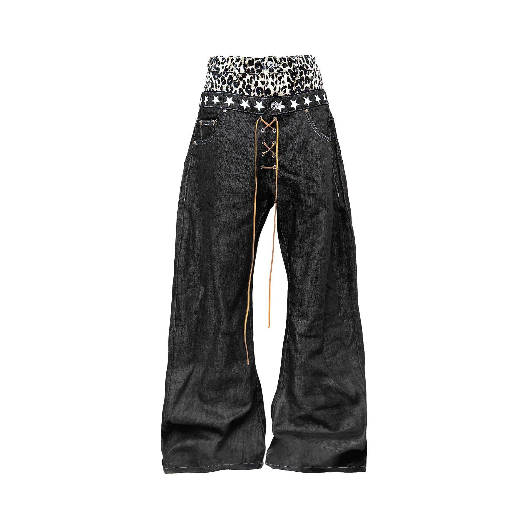 美式复古《豹纹》小众双腰原牛弯刀牛仔裤叠堆设计感男女裤