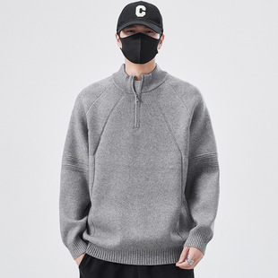 半高领拉链毛衣男秋冬季慵懒高级感美式复古青少年保暖打底针织衫