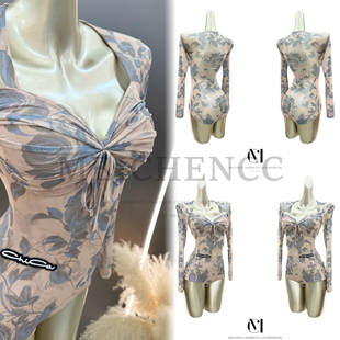 美辰[水墨印花]拉丁舞服装新款长袖国标舞日常练功舞服成人女高级