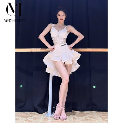 美辰拉丁舞服成人白色带胸垫上衣鱼骨半身裙分体套装桑巴舞练功服