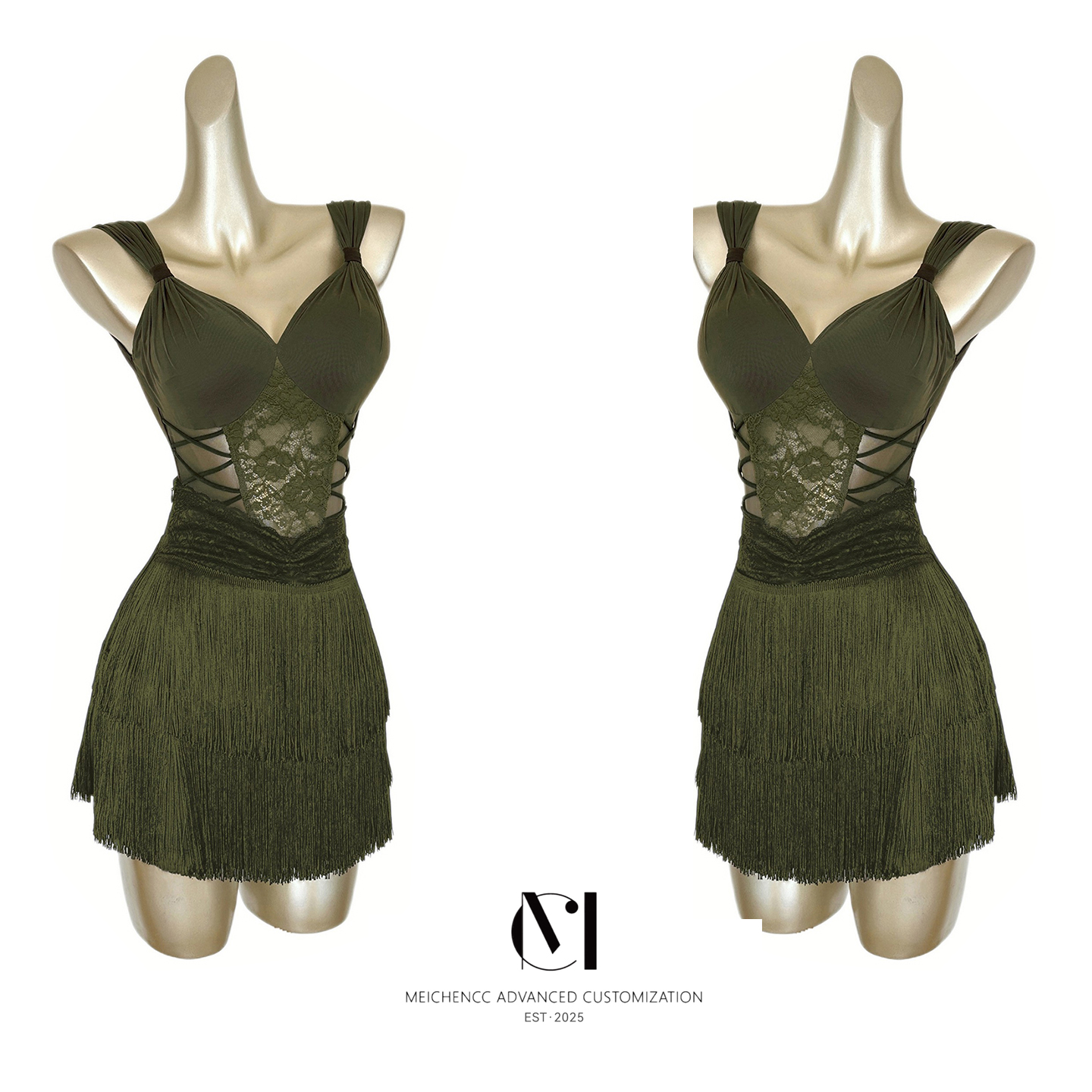 美辰舞服新款夏季拉丁舞蕾丝镂空交叉上衣流苏半身裙练功服套装女