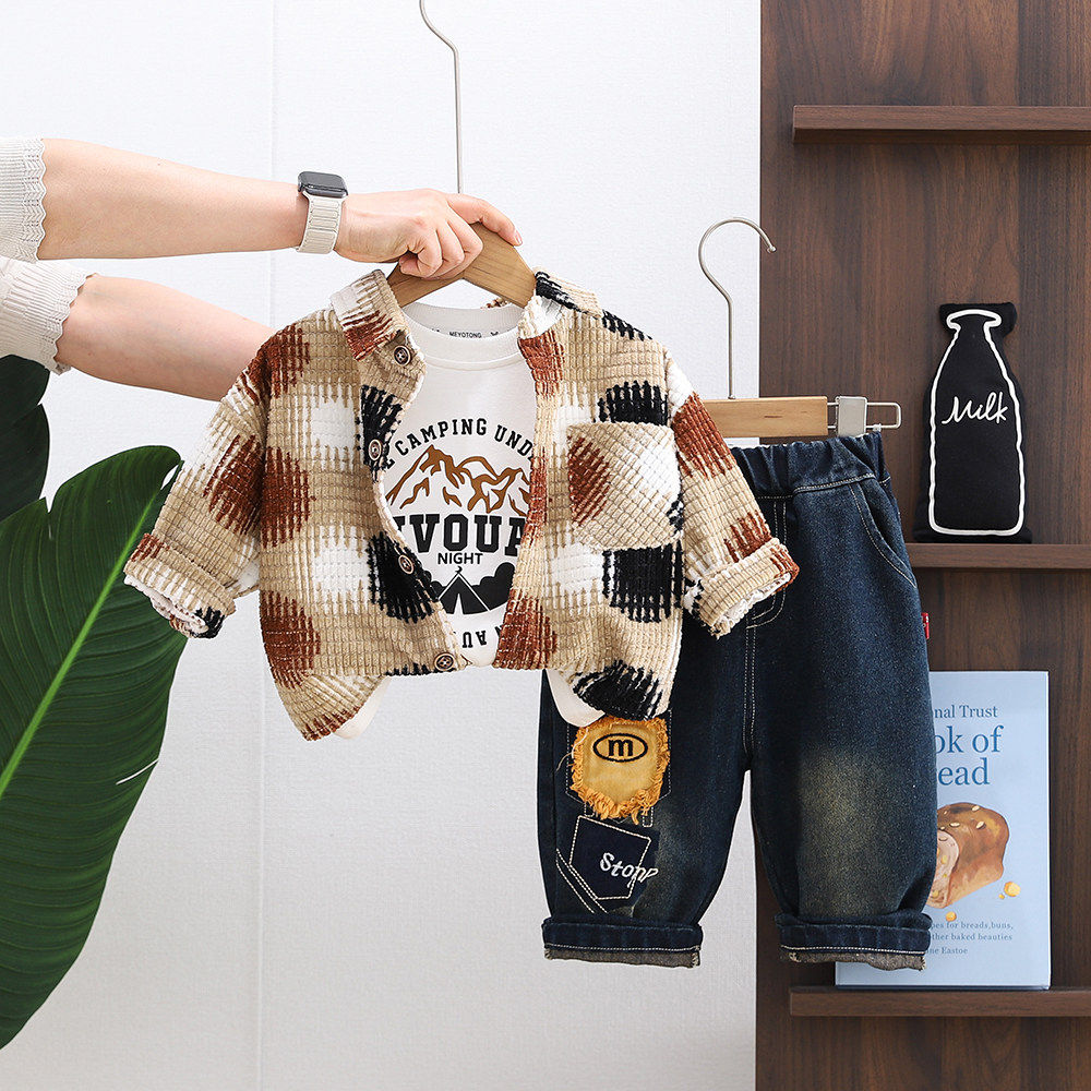 全棉纯棉男童春秋装套装帅宝宝春季格子衬衫三件套小宝宝休闲洋气