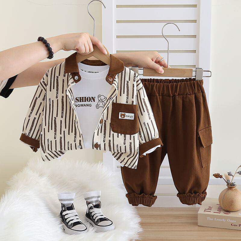 全棉纯棉儿童衬衫春秋季套装春装2026新款洋气男童帅气衣服宝宝二