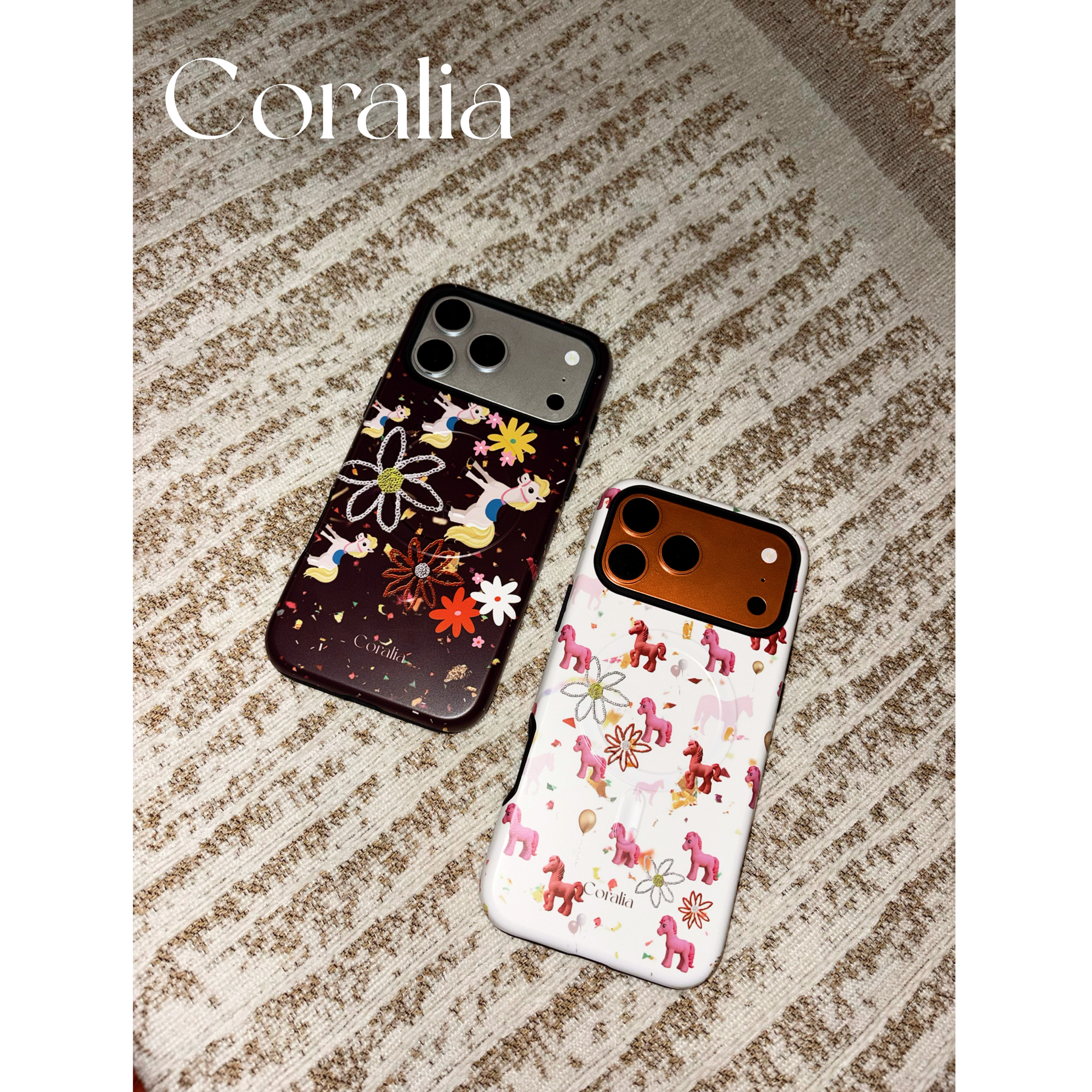 Coralia原创设计“花花金色锡箔Horse乐园”韩国进口菲林二合一磁吸手机壳小马乐园全包26新款