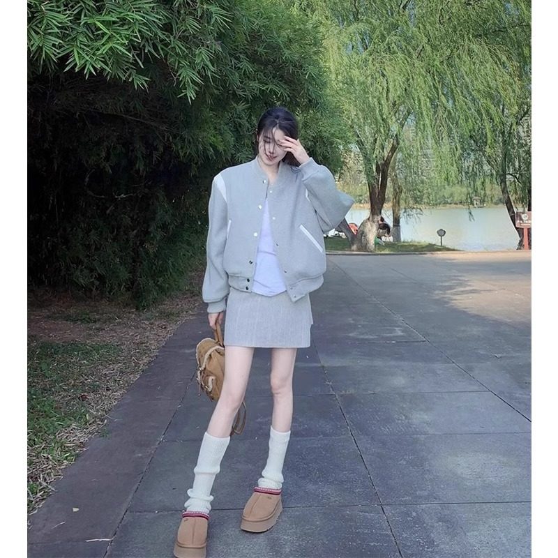 秋季灰色棒球服短款外套秋装女款2024新款春秋天韩系穿搭薄款夹克